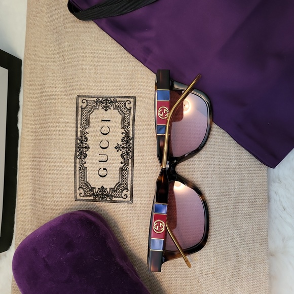 NWOT GUCCI GG 0598S-003 NOVELTY HAVANA FRAME PINK LENS GG WEB LOGO SUNGLASSES - Picture 2 of 5